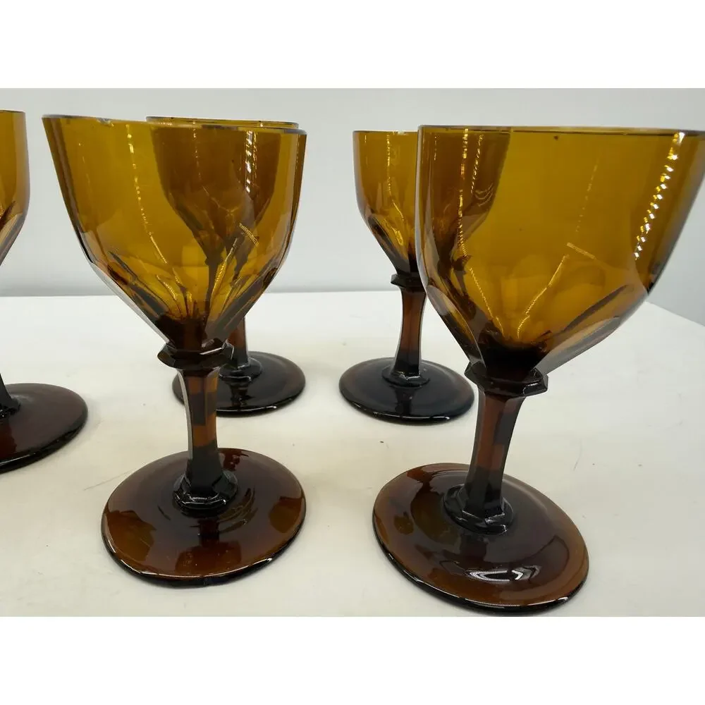Vintage Amber Brown Goblets Set Of 6 Wine Water Glasses Mid Century Barware 5.5